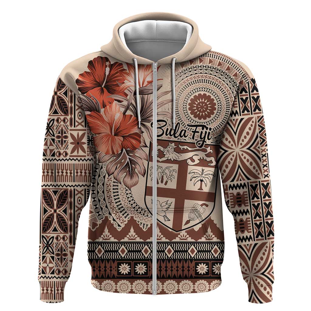Vintage Bula Fiji Personalised Zip Hoodie Beige Hibiscus Tapa Pattern LT9 Zip Hoodie Beige - Polynesian Pride