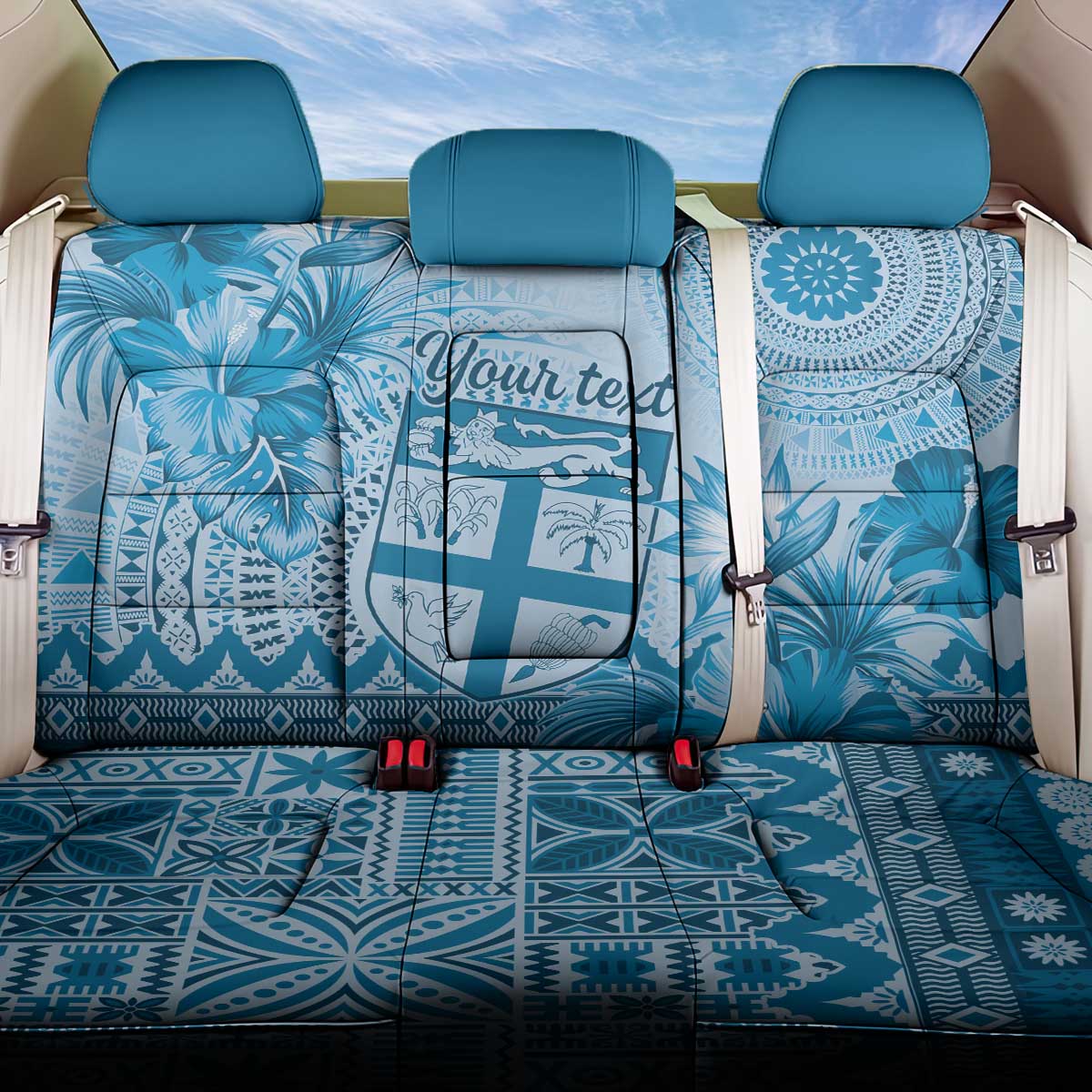 Vintage Bula Fiji Personalised Back Car Seat Cover Blue Hibiscus Tapa Pattern LT9 One Size Blue - Polynesian Pride