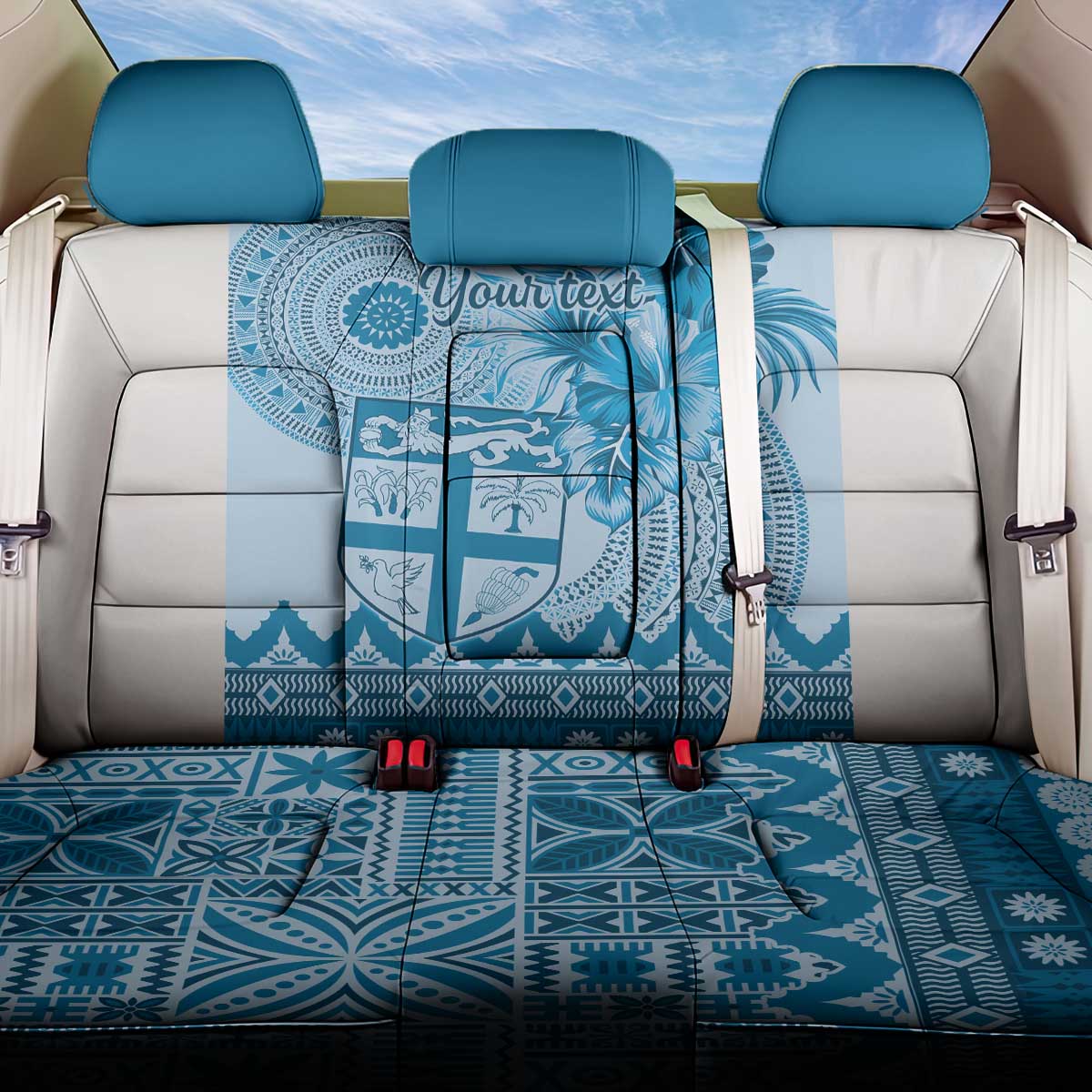 Vintage Bula Fiji Personalised Back Car Seat Cover Blue Hibiscus Tapa Pattern