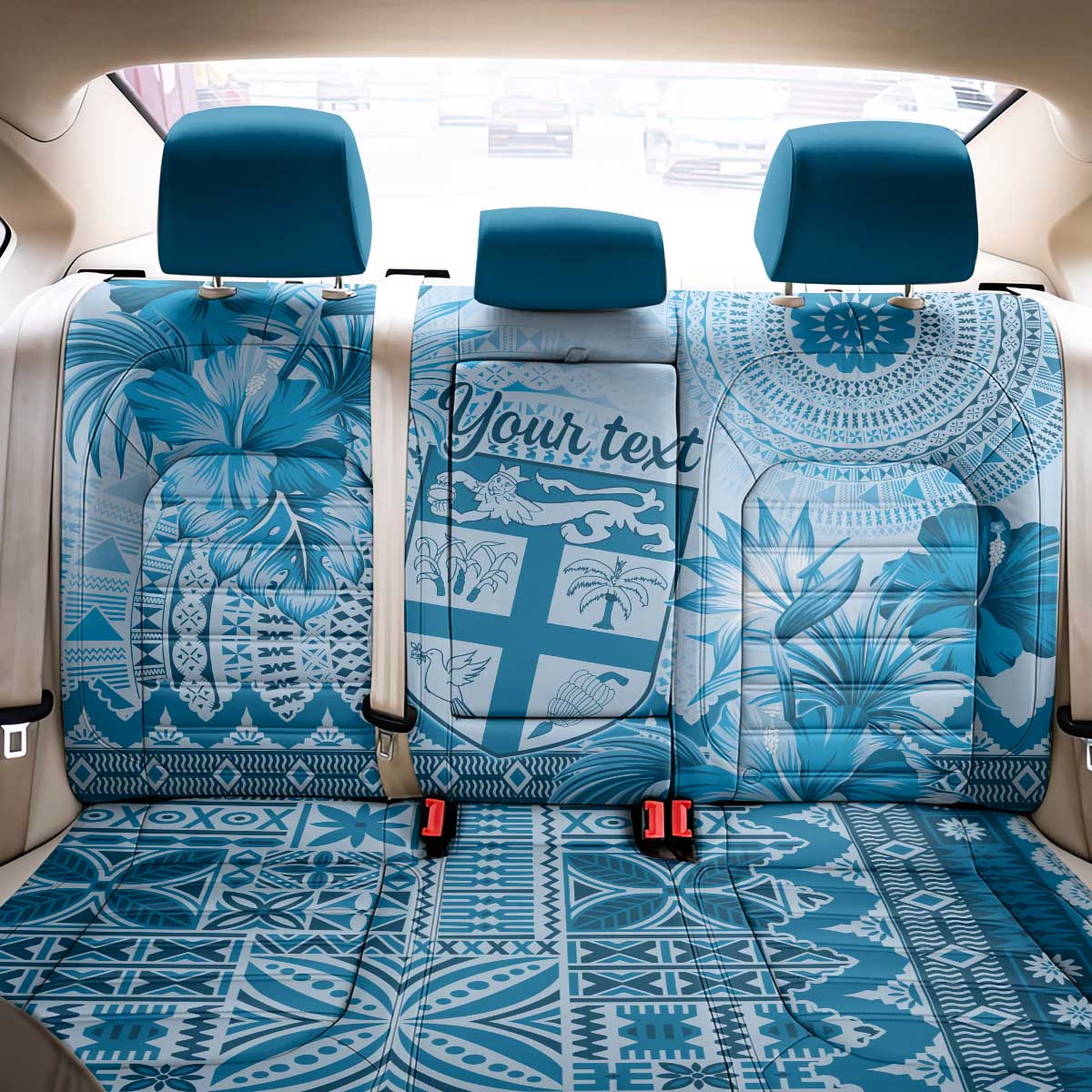 Vintage Bula Fiji Personalised Back Car Seat Cover Blue Hibiscus Tapa Pattern LT9 - Polynesian Pride