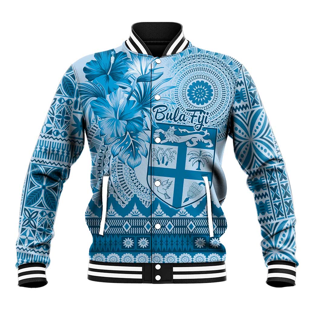 Vintage Bula Fiji Personalised Baseball Jacket Blue Hibiscus Tapa Pattern LT9 Unisex Blue - Polynesian Pride