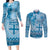 Vintage Bula Fiji Personalised Couples Matching Long Sleeve Bodycon Dress and Long Sleeve Button Shirt Blue Hibiscus Tapa Pattern