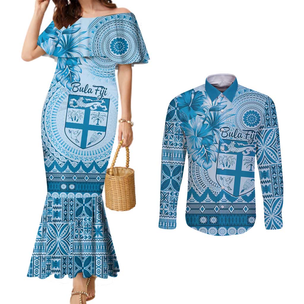 Vintage Bula Fiji Personalised Couples Matching Mermaid Dress and Long Sleeve Button Shirt Blue Hibiscus Tapa Pattern