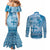 Vintage Bula Fiji Personalised Couples Matching Mermaid Dress and Long Sleeve Button Shirt Blue Hibiscus Tapa Pattern