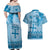 Vintage Bula Fiji Personalised Couples Matching Off Shoulder Maxi Dress and Hawaiian Shirt Blue Hibiscus Tapa Pattern