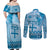 Vintage Bula Fiji Personalised Couples Matching Off Shoulder Maxi Dress and Long Sleeve Button Shirt Blue Hibiscus Tapa Pattern