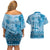 Vintage Bula Fiji Personalised Couples Matching Off Shoulder Short Dress and Hawaiian Shirt Blue Hibiscus Tapa Pattern