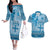 Vintage Bula Fiji Personalised Couples Matching Off The Shoulder Long Sleeve Dress and Hawaiian Shirt Blue Hibiscus Tapa Pattern