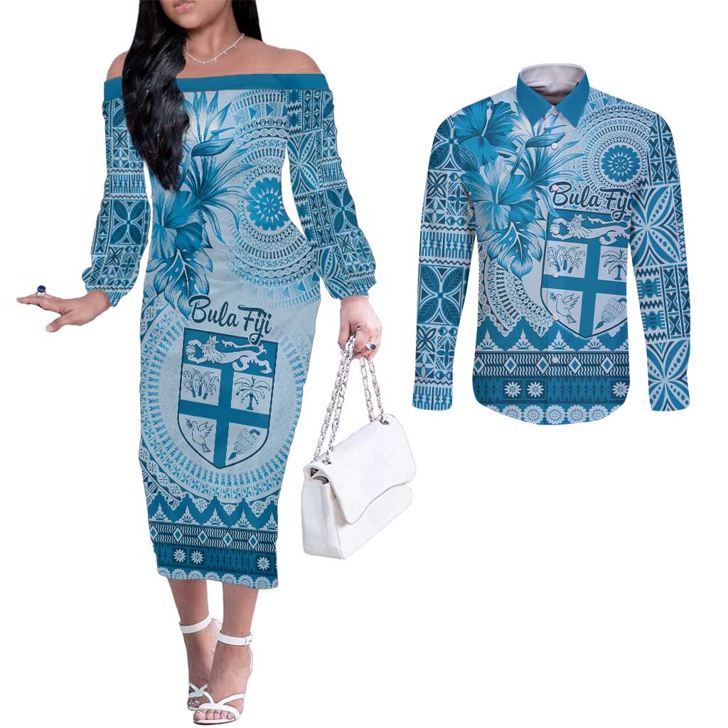 Vintage Bula Fiji Personalised Couples Matching Off The Shoulder Long Sleeve Dress and Long Sleeve Button Shirt Blue Hibiscus Tapa Pattern