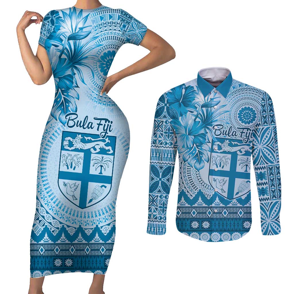 Vintage Bula Fiji Personalised Couples Matching Short Sleeve Bodycon Dress and Long Sleeve Button Shirt Blue Hibiscus Tapa Pattern