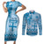 Vintage Bula Fiji Personalised Couples Matching Short Sleeve Bodycon Dress and Long Sleeve Button Shirt Blue Hibiscus Tapa Pattern