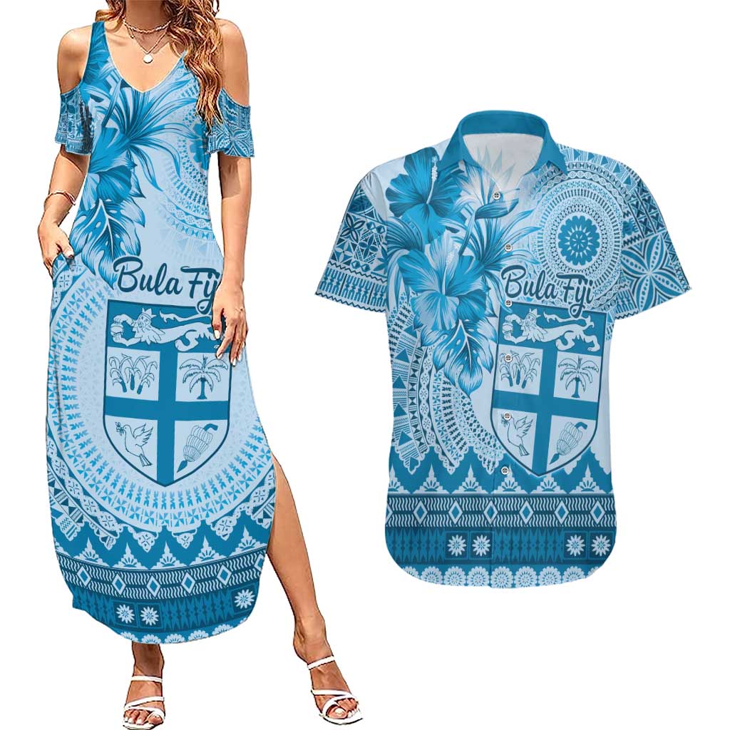 Vintage Bula Fiji Personalised Couples Matching Summer Maxi Dress and Hawaiian Shirt Blue Hibiscus Tapa Pattern