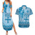 Vintage Bula Fiji Personalised Couples Matching Summer Maxi Dress and Hawaiian Shirt Blue Hibiscus Tapa Pattern