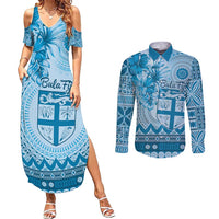 Vintage Bula Fiji Personalised Couples Matching Summer Maxi Dress and Long Sleeve Button Shirt Blue Hibiscus Tapa Pattern LT9 Blue - Polynesian Pride
