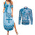 Vintage Bula Fiji Personalised Couples Matching Summer Maxi Dress and Long Sleeve Button Shirt Blue Hibiscus Tapa Pattern