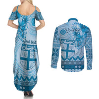 Vintage Bula Fiji Personalised Couples Matching Summer Maxi Dress and Long Sleeve Button Shirt Blue Hibiscus Tapa Pattern LT9 - Polynesian Pride