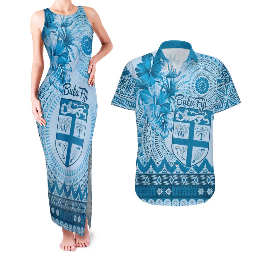 Vintage Bula Fiji Personalised Couples Matching Tank Maxi Dress and Hawaiian Shirt Blue Hibiscus Tapa Pattern