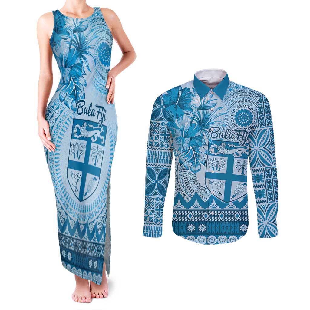 Vintage Bula Fiji Personalised Couples Matching Tank Maxi Dress and Long Sleeve Button Shirt Blue Hibiscus Tapa Pattern