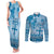 Vintage Bula Fiji Personalised Couples Matching Tank Maxi Dress and Long Sleeve Button Shirt Blue Hibiscus Tapa Pattern