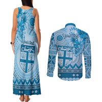 Vintage Bula Fiji Personalised Couples Matching Tank Maxi Dress and Long Sleeve Button Shirt Blue Hibiscus Tapa Pattern LT9 - Polynesian Pride