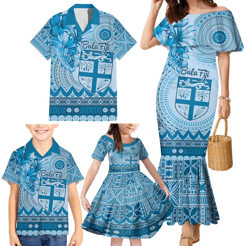 Vintage Bula Fiji Personalised Family Matching Mermaid Dress and Hawaiian Shirt Blue Hibiscus Tapa Pattern