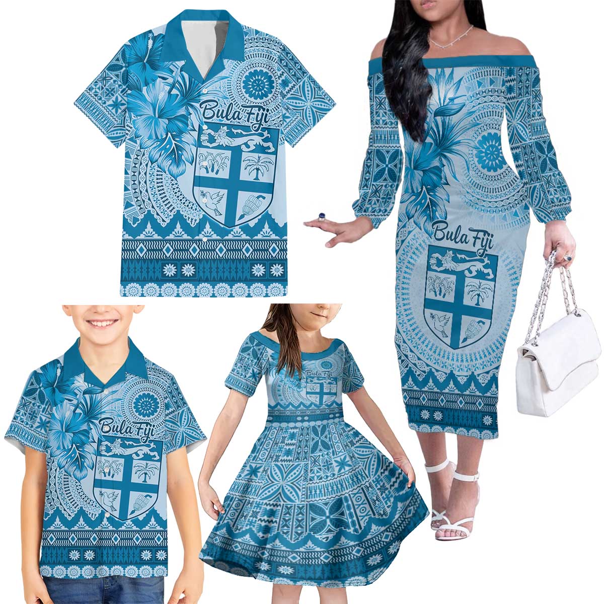 Vintage Bula Fiji Personalised Family Matching Off The Shoulder Long Sleeve Dress and Hawaiian Shirt Blue Hibiscus Tapa Pattern