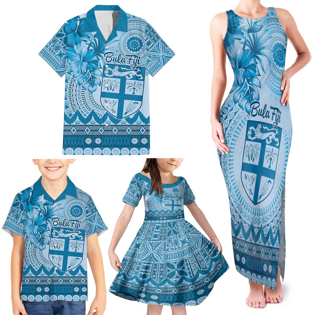 Vintage Bula Fiji Personalised Family Matching Tank Maxi Dress and Hawaiian Shirt Blue Hibiscus Tapa Pattern