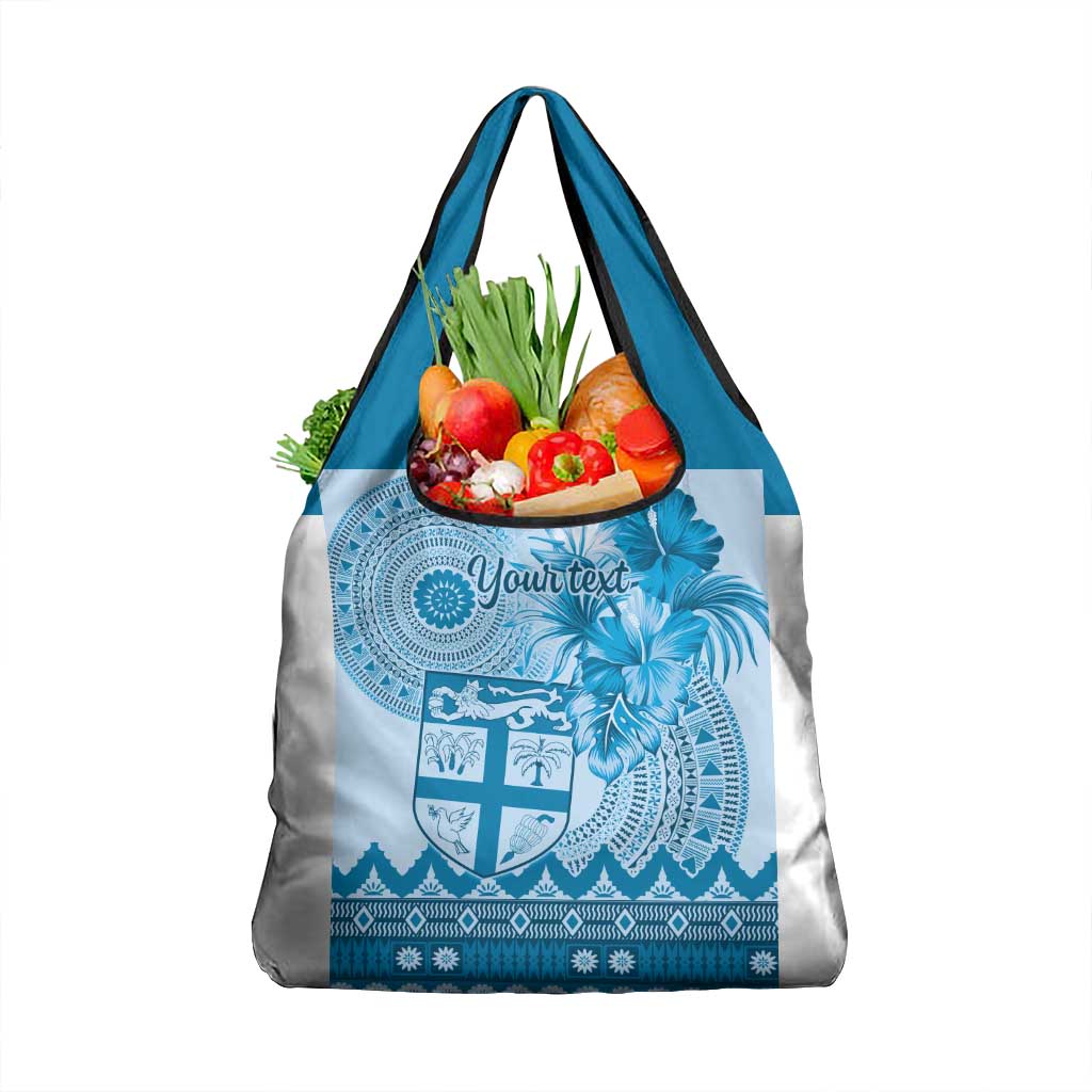 Vintage Bula Fiji Personalised Grocery Bag Blue Hibiscus Tapa Pattern