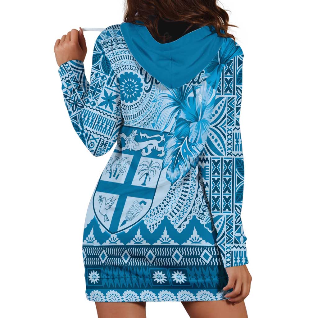 Vintage Bula Fiji Personalised Hoodie Dress Blue Hibiscus Tapa Pattern LT9 - Polynesian Pride