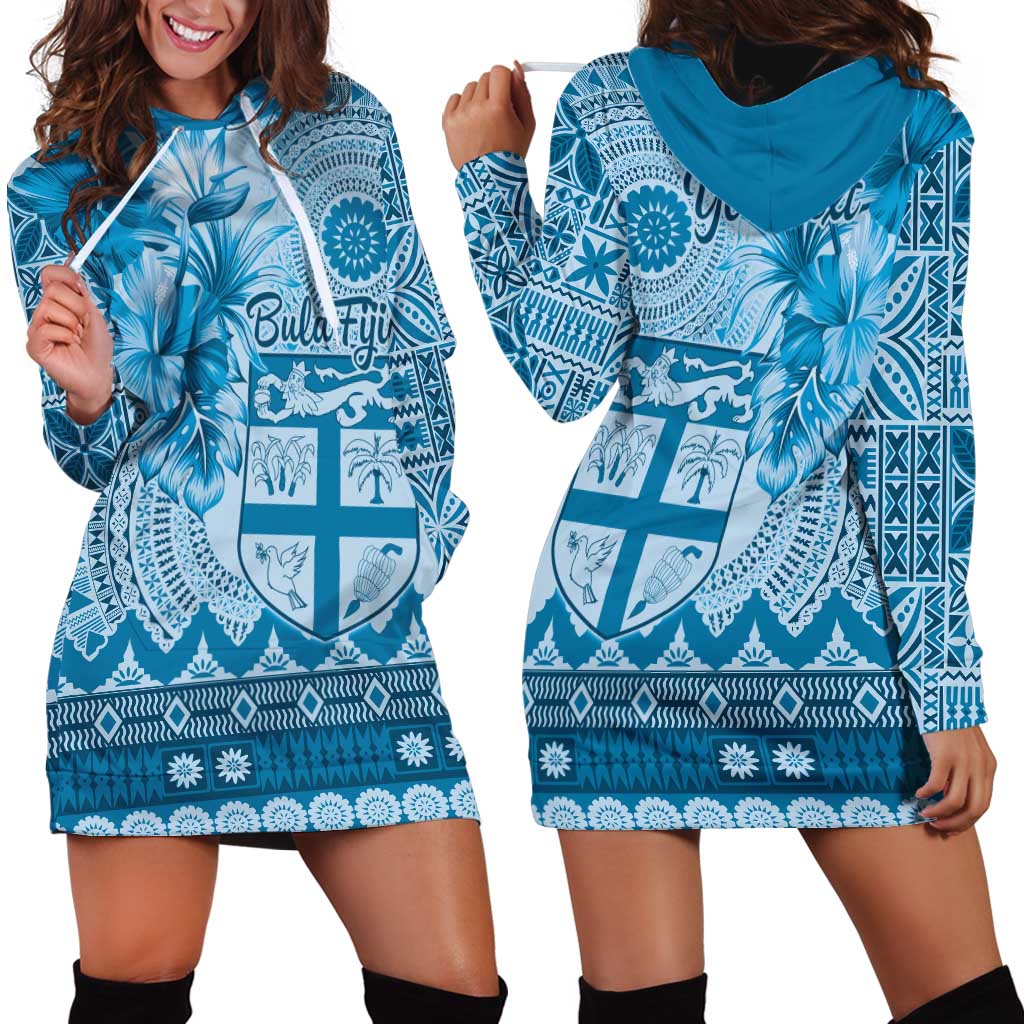 Vintage Bula Fiji Personalised Hoodie Dress Blue Hibiscus Tapa Pattern LT9 - Polynesian Pride