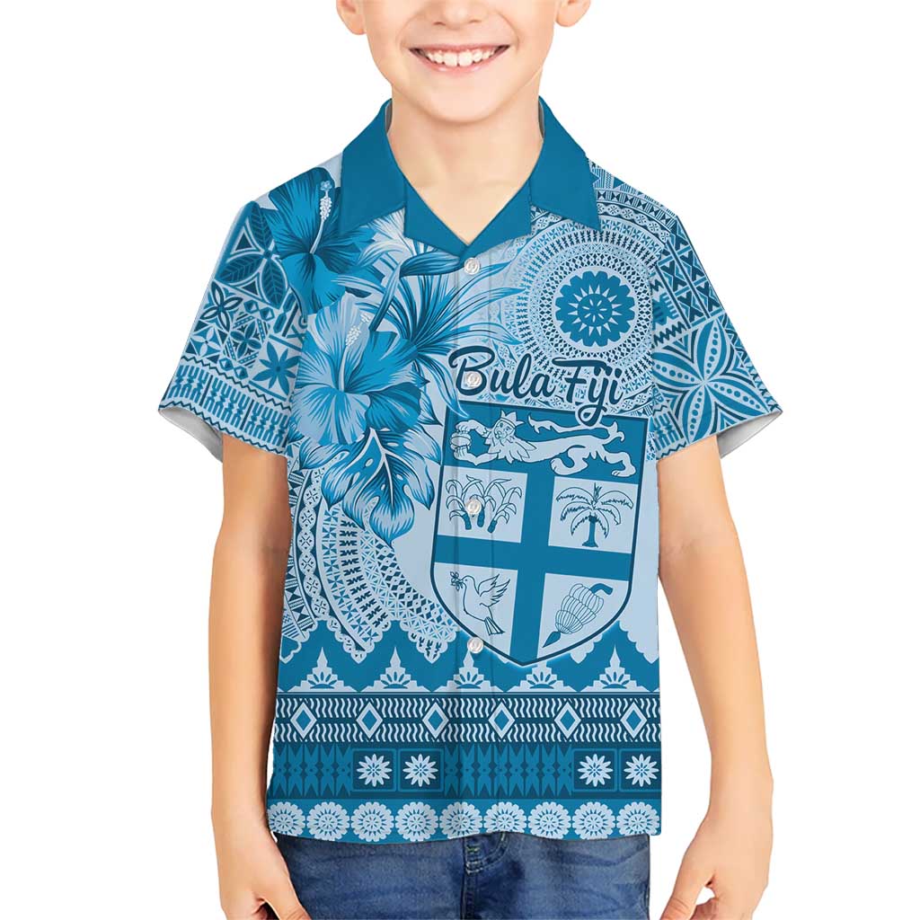 Vintage Bula Fiji Personalised Kid Hawaiian Shirt Blue Hibiscus Tapa Pattern LT9 Kid Blue - Polynesian Pride