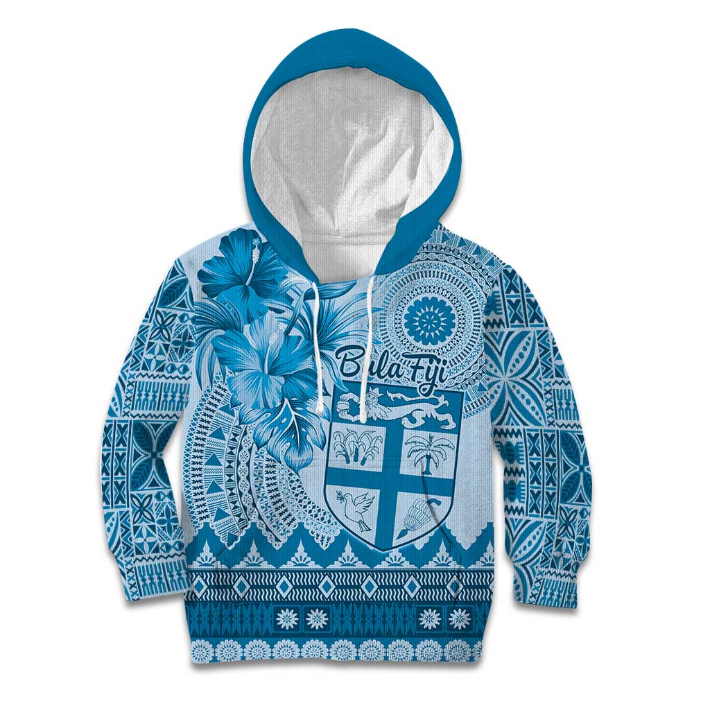 Vintage Bula Fiji Personalised Kid Hoodie Blue Hibiscus Tapa Pattern LT9 Hoodie Blue - Polynesian Pride