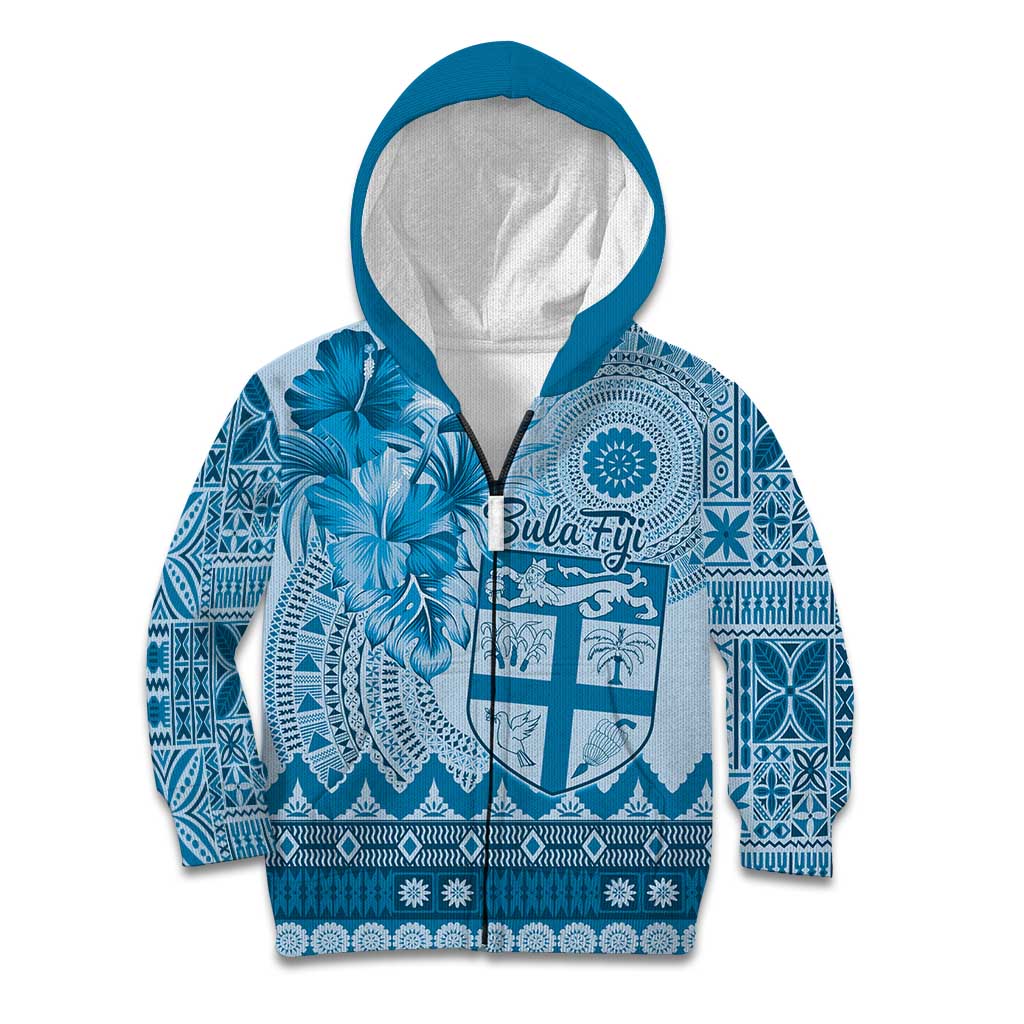 Vintage Bula Fiji Personalised Kid Hoodie Blue Hibiscus Tapa Pattern LT9 Zip Hoodie Blue - Polynesian Pride