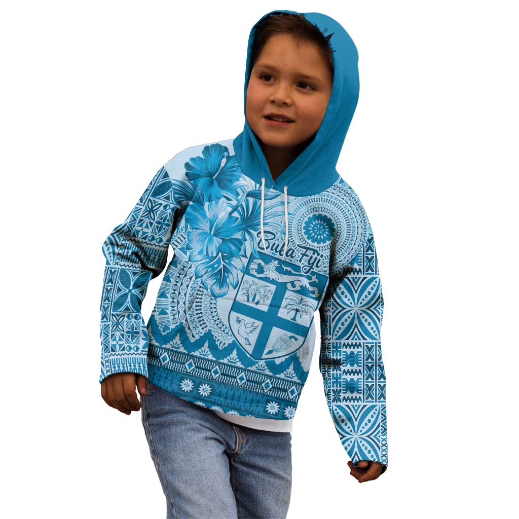 Vintage Bula Fiji Personalised Kid Hoodie Blue Hibiscus Tapa Pattern LT9 - Polynesian Pride