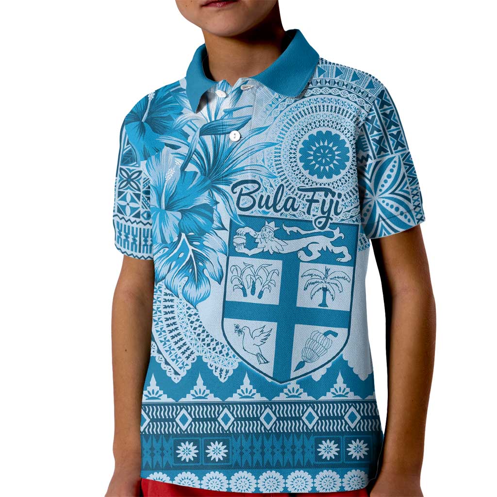 Vintage Bula Fiji Personalised Kid Polo Shirt Blue Hibiscus Tapa Pattern