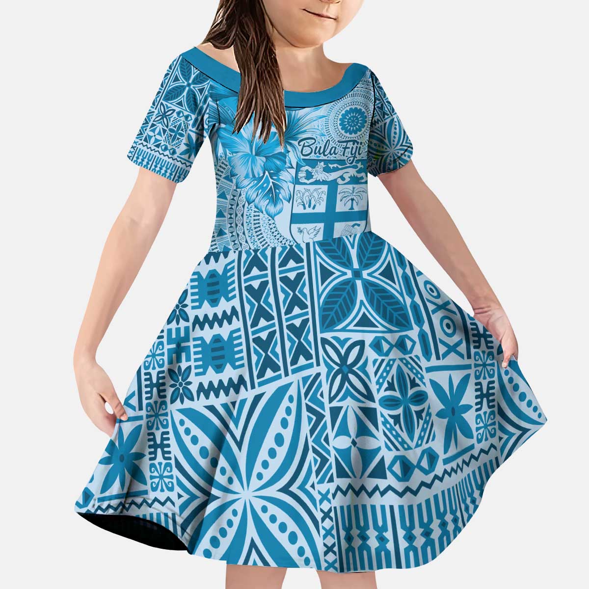 Vintage Bula Fiji Personalised Kid Short Sleeve Dress Blue Hibiscus Tapa Pattern LT9 KID Blue - Polynesian Pride