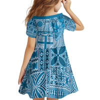 Vintage Bula Fiji Personalised Kid Short Sleeve Dress Blue Hibiscus Tapa Pattern LT9 - Polynesian Pride