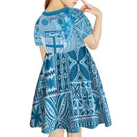 Vintage Bula Fiji Personalised Kid Short Sleeve Dress Blue Hibiscus Tapa Pattern LT9 - Polynesian Pride