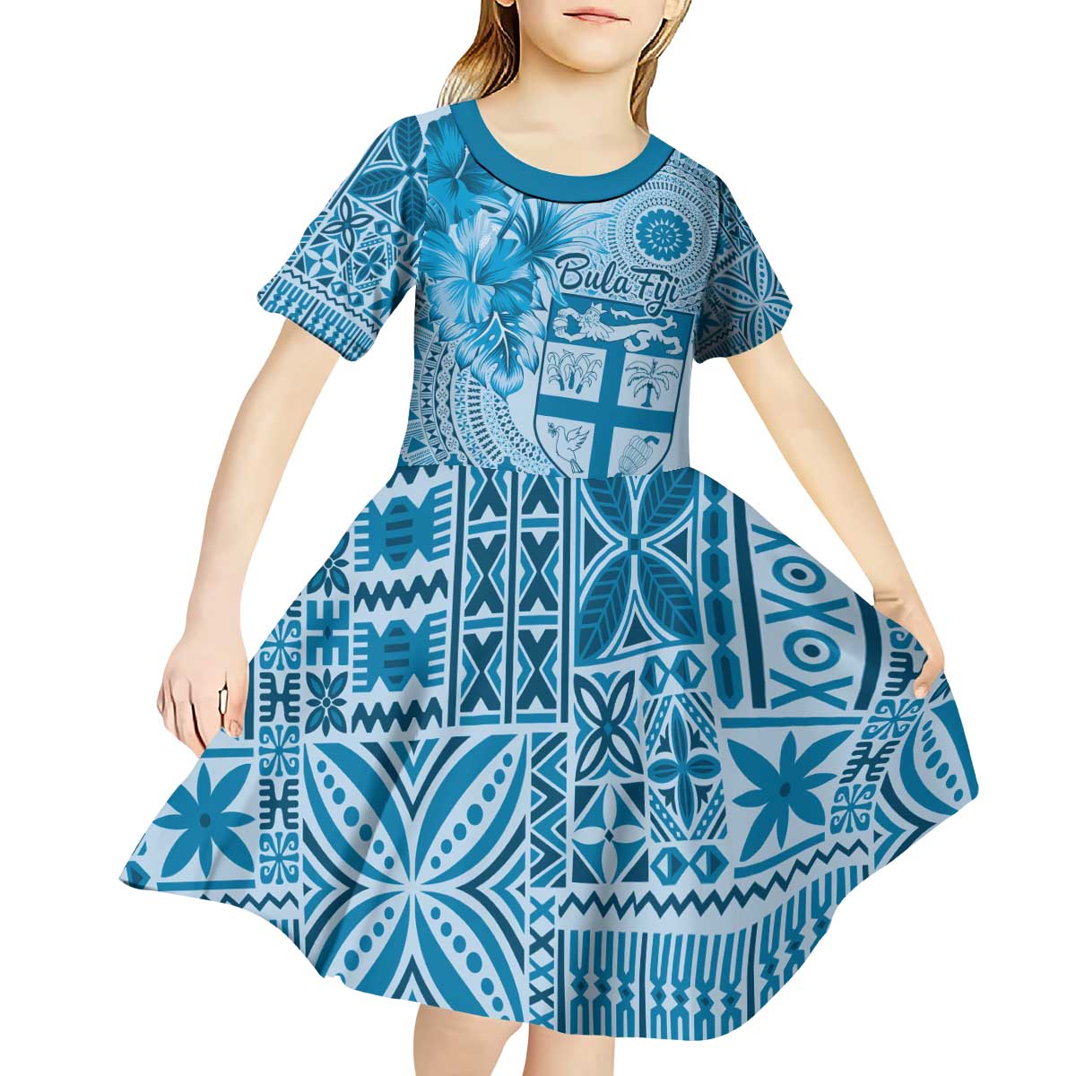 Vintage Bula Fiji Personalised Kid Short Sleeve Dress Blue Hibiscus Tapa Pattern LT9 - Polynesian Pride