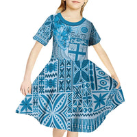 Vintage Bula Fiji Personalised Kid Short Sleeve Dress Blue Hibiscus Tapa Pattern LT9 - Polynesian Pride