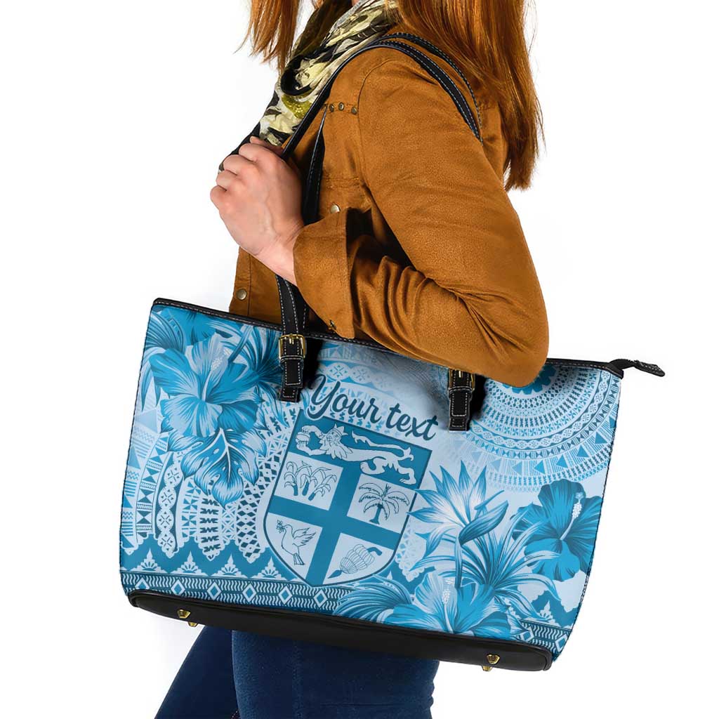 Vintage Bula Fiji Personalised Leather Tote Bag Blue Hibiscus Tapa Pattern LT9 Blue - Polynesian Pride