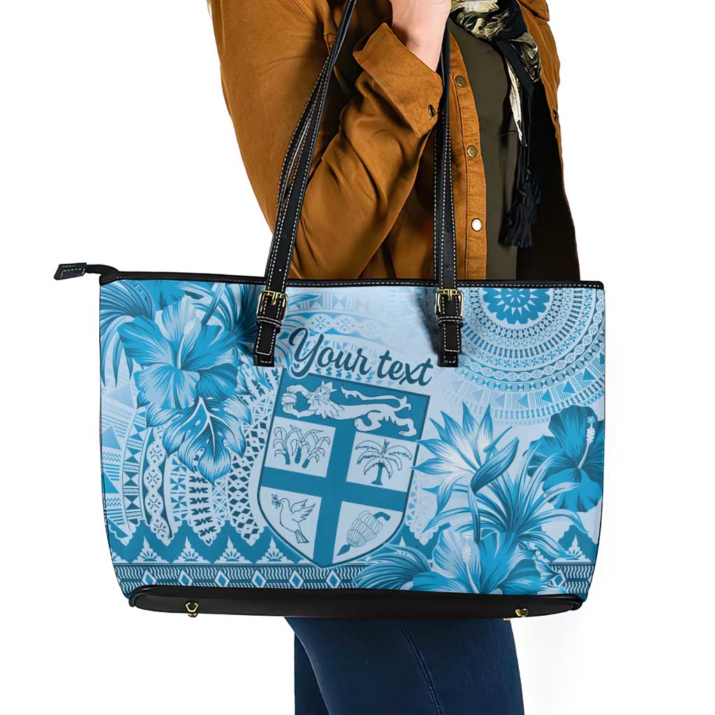 Vintage Bula Fiji Personalised Leather Tote Bag Blue Hibiscus Tapa Pattern LT9 - Polynesian Pride