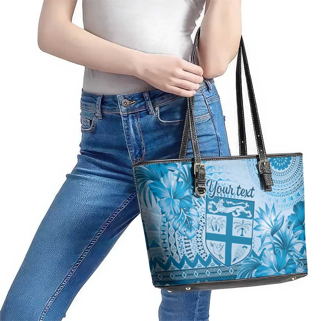 Vintage Bula Fiji Personalised Leather Tote Bag Blue Hibiscus Tapa Pattern LT9 - Polynesian Pride