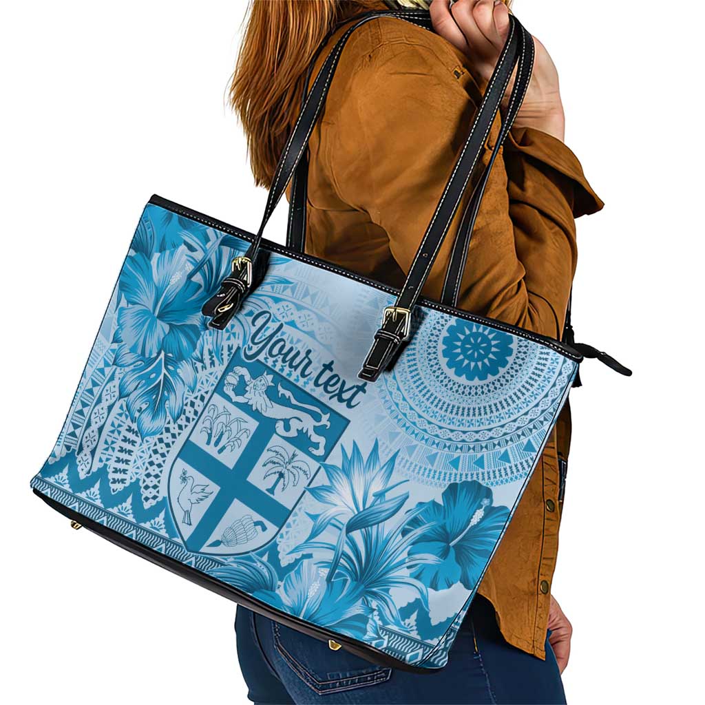 Vintage Bula Fiji Personalised Leather Tote Bag Blue Hibiscus Tapa Pattern LT9 - Polynesian Pride