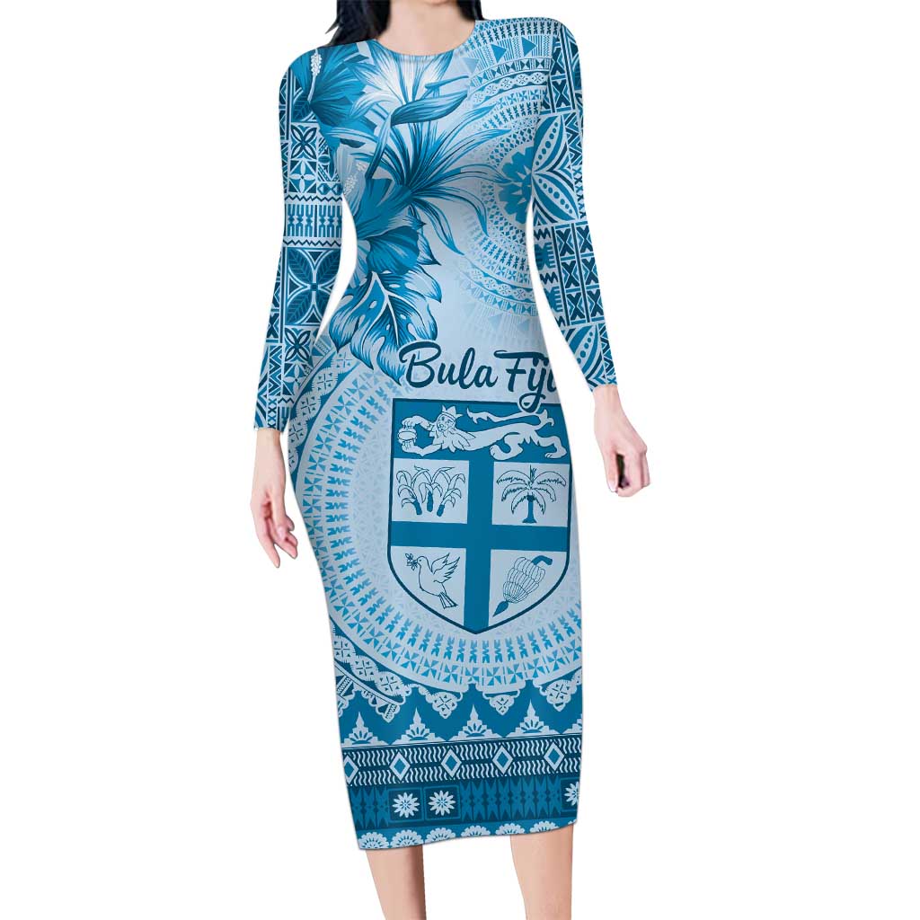 Vintage Bula Fiji Personalised Long Sleeve Bodycon Dress Blue Hibiscus Tapa Pattern LT9 Long Dress Blue - Polynesian Pride