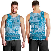 Vintage Bula Fiji Personalised Men Tank Top Blue Hibiscus Tapa Pattern LT9 - Polynesian Pride