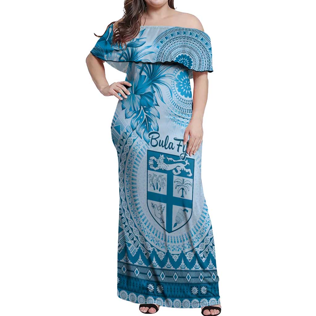 Vintage Bula Fiji Personalised Off Shoulder Maxi Dress Blue Hibiscus Tapa Pattern LT9 Women Blue - Polynesian Pride