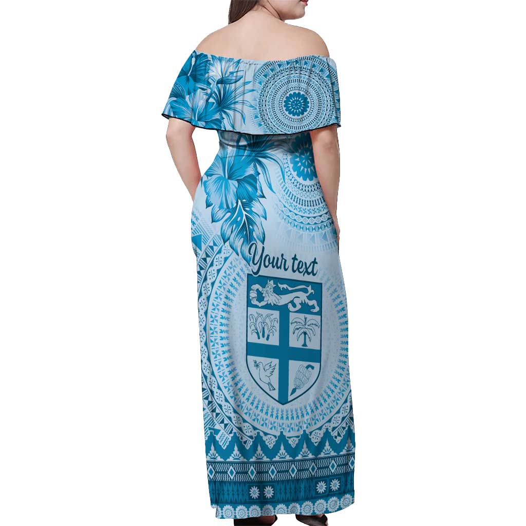 Vintage Bula Fiji Personalised Off Shoulder Maxi Dress Blue Hibiscus Tapa Pattern LT9 - Polynesian Pride