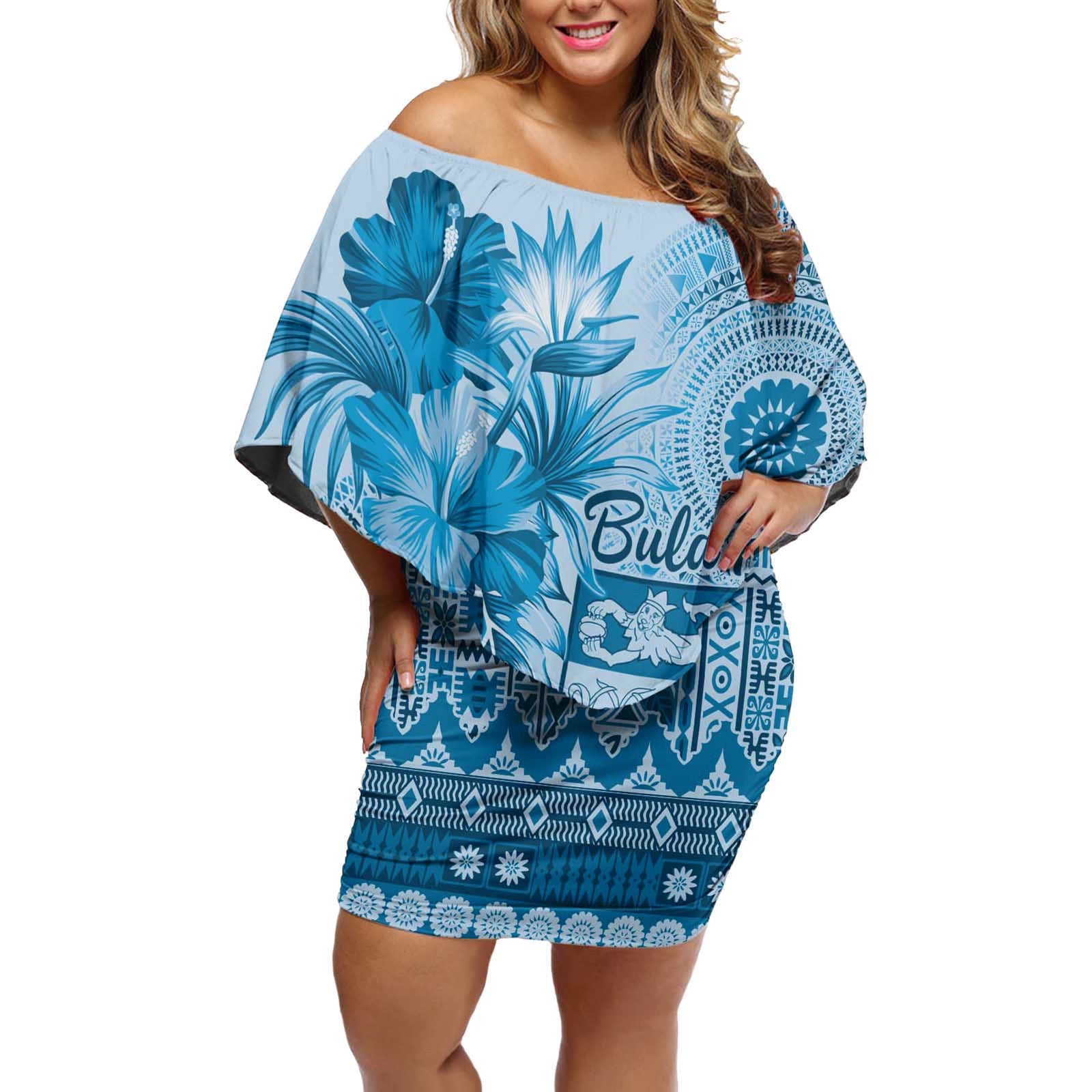 Vintage Bula Fiji Personalised Off Shoulder Short Dress Blue Hibiscus Tapa Pattern LT9 Women Blue - Polynesian Pride