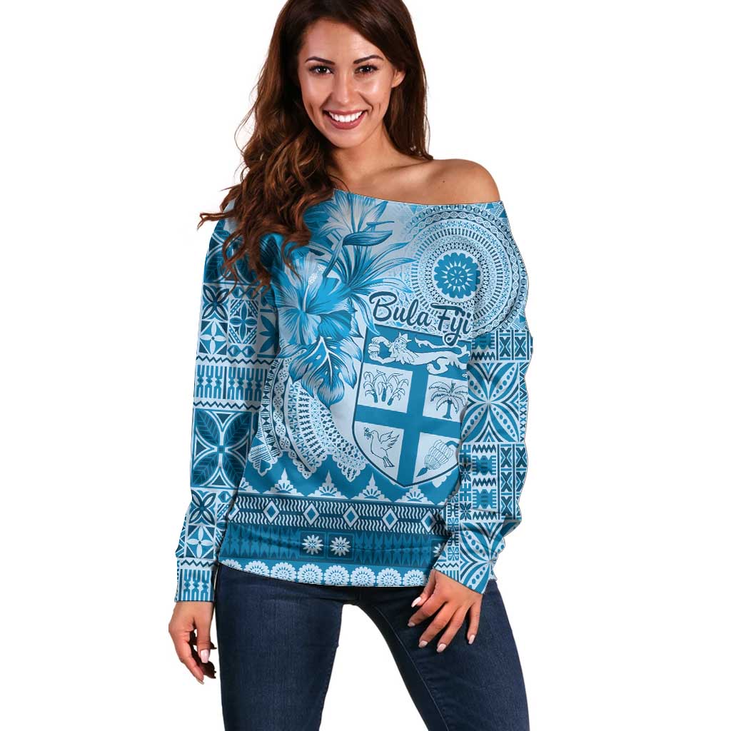 Vintage Bula Fiji Personalised Off Shoulder Sweater Blue Hibiscus Tapa Pattern LT9 Women Blue - Polynesian Pride